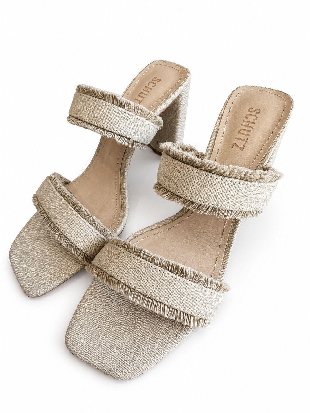 Schutz Amely Mid Block Sandals Oyster Size 10.5 Neutral Fringe Strappy Heels